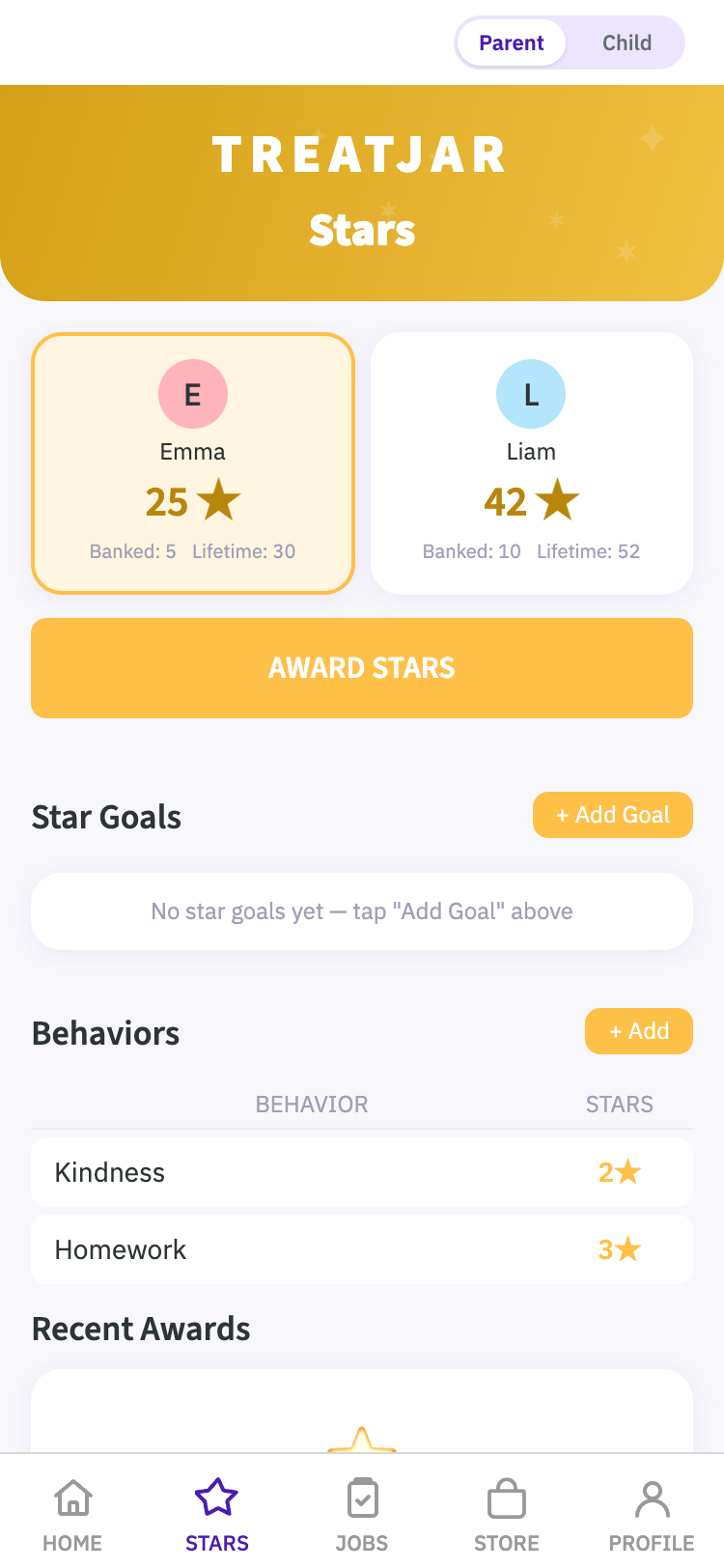 TreatJar stars screen showing kids earning stars for daily contributions