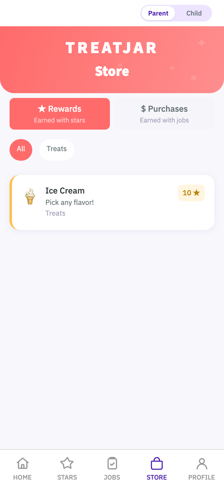 TreatJar reward store showing star rewards and purchase options for kids